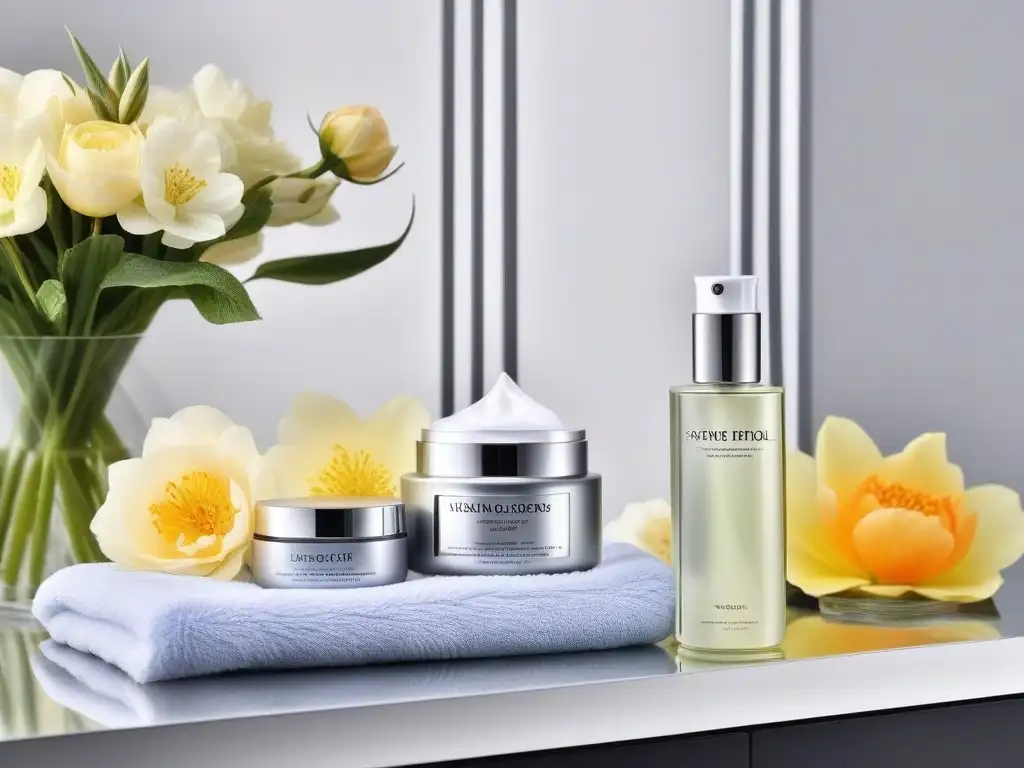 Rutina de cuidado facial de lujo: texturas y elegancia Una lujosa rutina de cuidado de la piel con productos de belleza de lujo, rodeados de flores frescas y toallas suaves