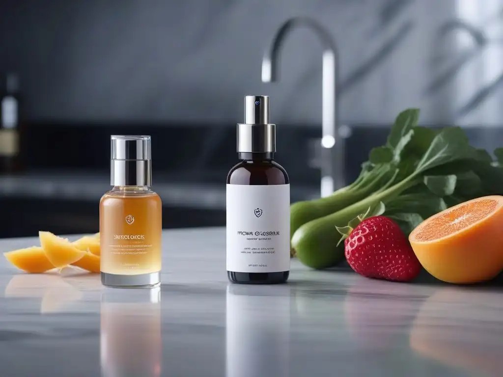 Rutina de belleza de lujo con productos y alimentos frescos Una lujosa rutina de cuidado de la piel con productos de belleza y alimentos frescos, destacando la conexión entre nutrición y cuidado de la piel