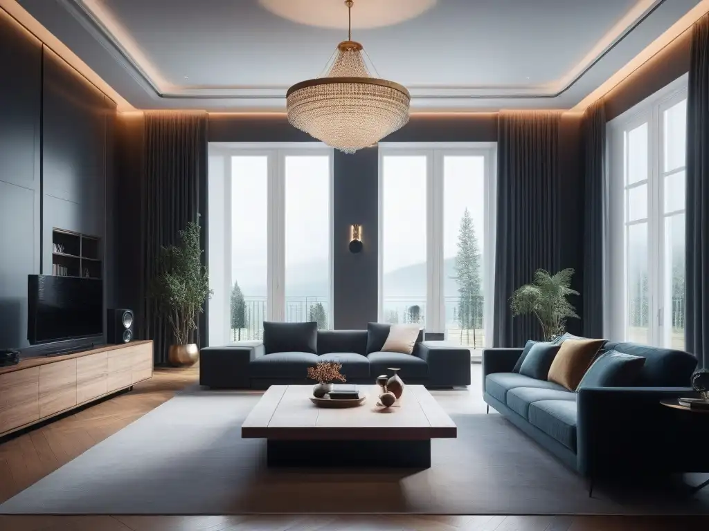 Setup de entretenimiento de lujo en sala moderna Una lujosa sala de entretenimiento con sistemas de sonido de última generación integrados en la decoración elegante