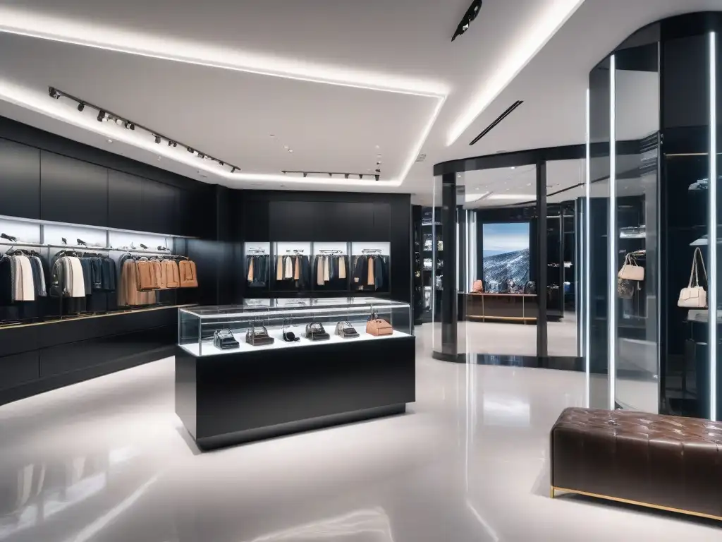 Tienda de lujo: accesorios elegantes y sofisticados Una lujosa tienda de accesorios de moda de lujo con displays elegantes de bolsos, zapatos y joyas, iluminada de forma sofisticada