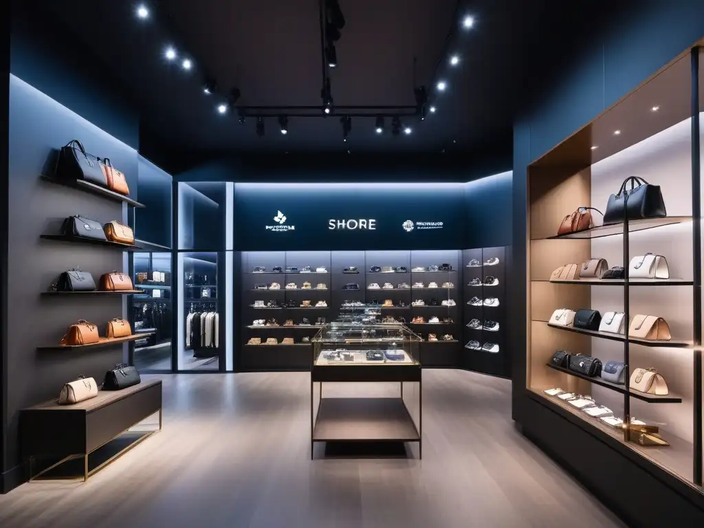 Tienda de accesorios de lujo: elegancia y exclusividad Una lujosa tienda de accesorios de moda de lujo con displays elegantes de bolsos, relojes y joyas bajo una suave iluminación sofisticada