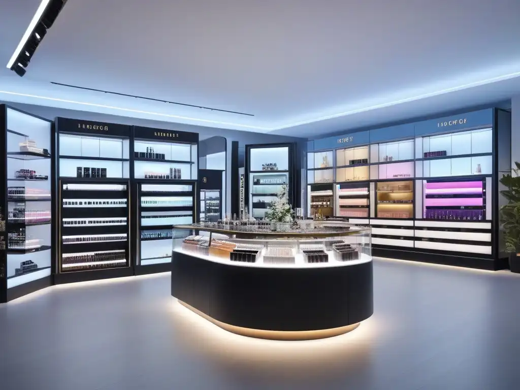 Tendencias de belleza inclusiva en tienda de lujo Una lujosa tienda de belleza de alta gama con tendencias inclusivas de moda, clientes sofisticados y productos vibrantes
