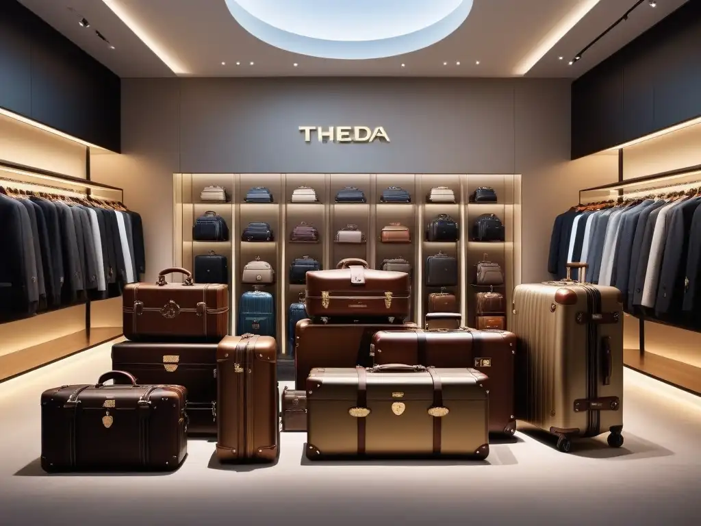 Elegante tienda de maletas de lujo con diseño minimalista Una lujosa tienda de equipaje con auténticas maletas de diseñador en elegantes exhibiciones, iluminación suave y exclusivos materiales