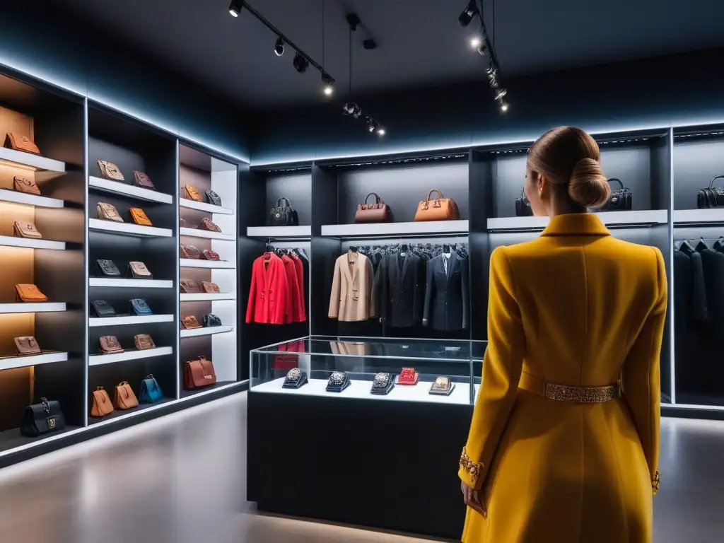 Tienda de moda exclusiva: accesorios personalizados y lujo Una lujosa tienda de moda de alta gama muestra una variedad de accesorios personalizados