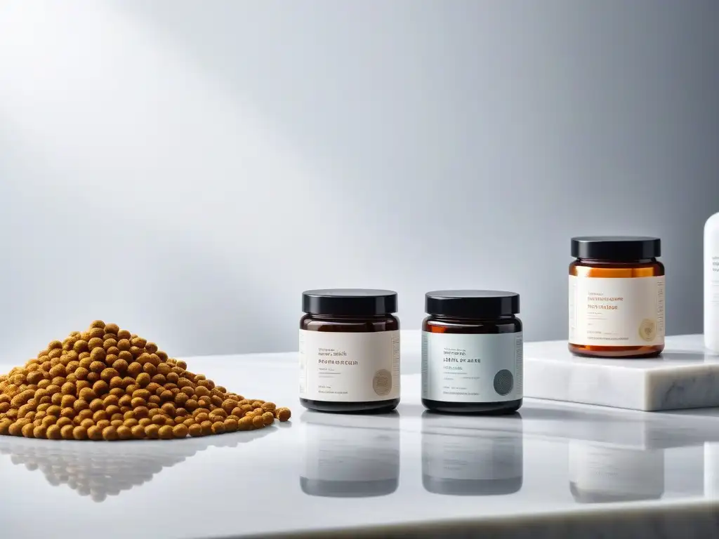 Suplementos gourmet sin gluten: lujo y calidad Una lujosa variedad de suplementos sin gluten en un elegante mostrador de mármol
