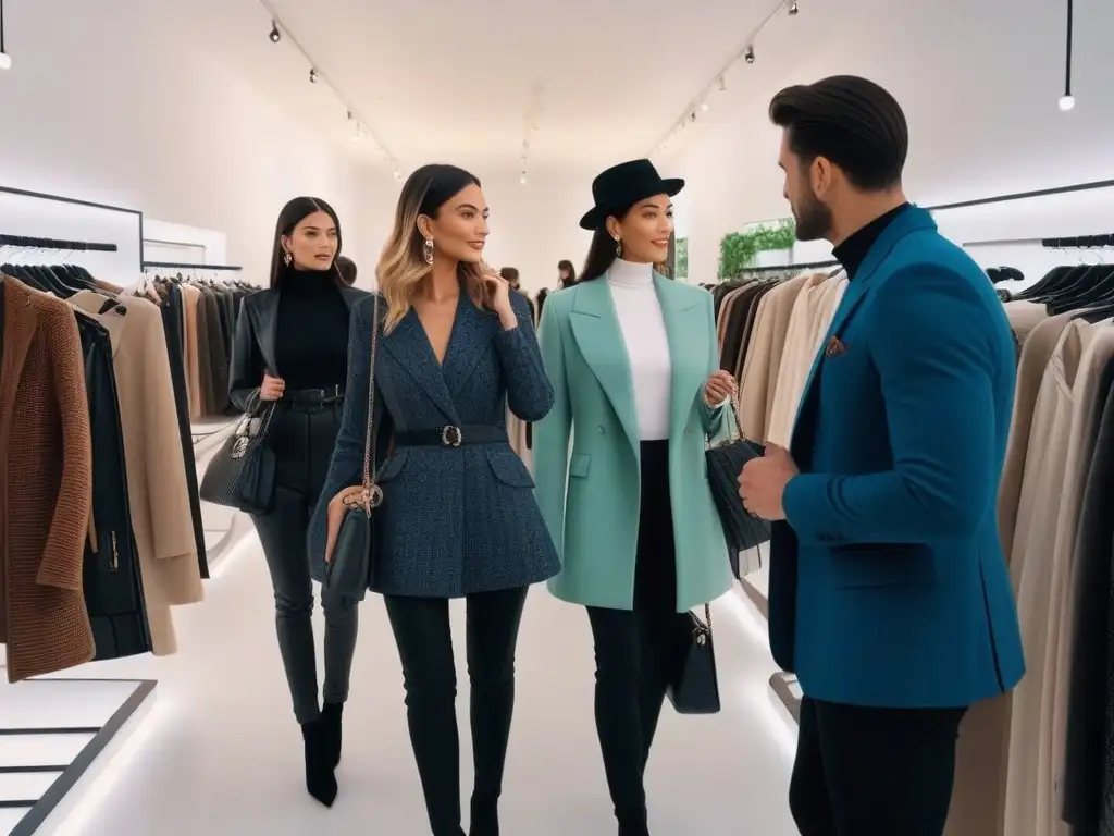Exclusiva boutique de lujo con moda de segunda mano de diseñador Un lujoso ambiente de moda de lujo segunda mano con clientes elegantes explorando prendas exclusivas con entusiasmo y satisfacción