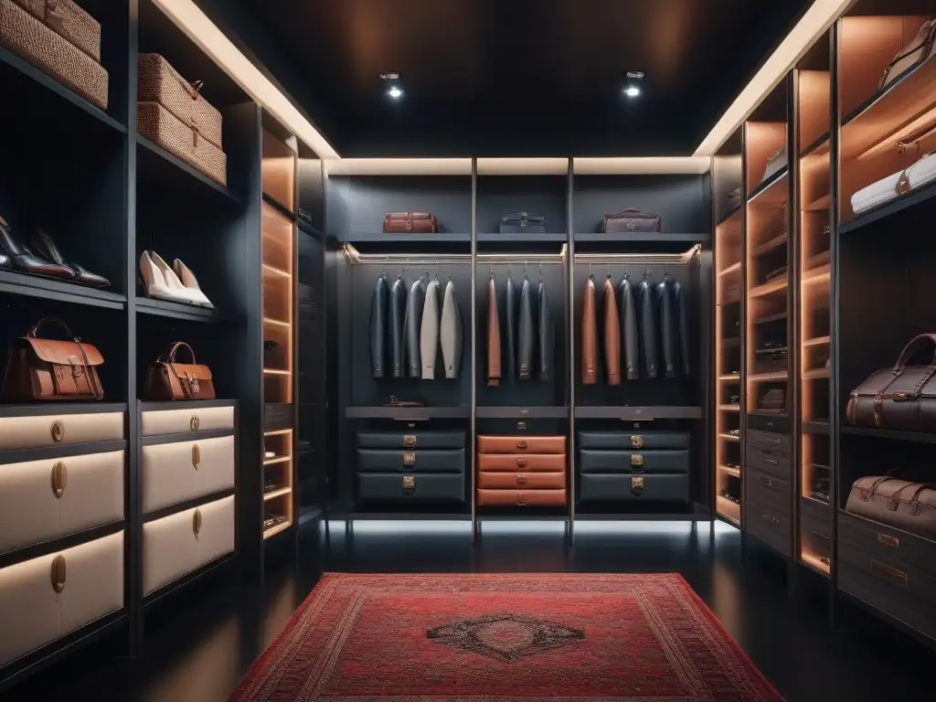 Vestidor de lujo con equipaje de diseñador Un lujoso armario con mantenimiento equipaje lujo duradero, organizado impecablemente y bañado en luz suave