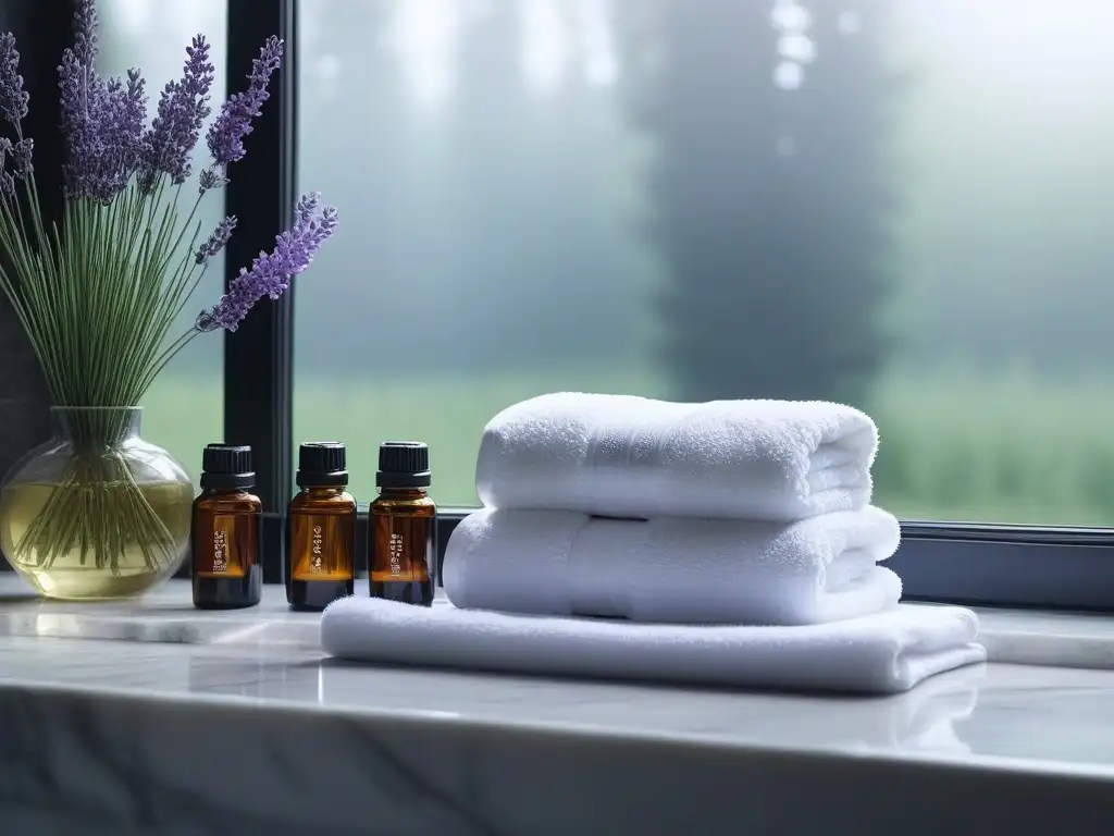 Spa de lujo: Elegancia y serenidad en un baño de mármol Un lujoso baño con aceites esenciales beneficios cuidado personal, toallas blancas y lavanda fresca