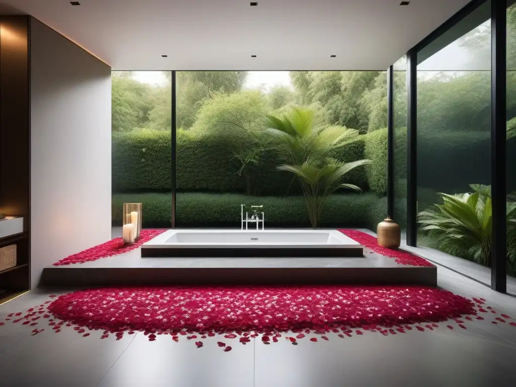 Baño de lujo con bañera llena de pétalos de rosa y velas aromáticas Un lujoso baño con bañera llena de pétalos de rosa, velas aromáticas y productos de tratamientos capilares en casa