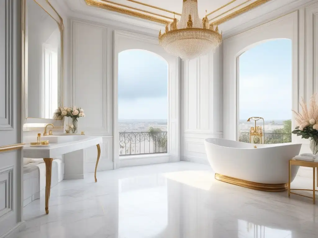 Baño de lujo francés: mármol blanco, burbujas y elegancia Un lujoso baño francés con bañera de mármol blanco, grifería dorada y toallas bordadas