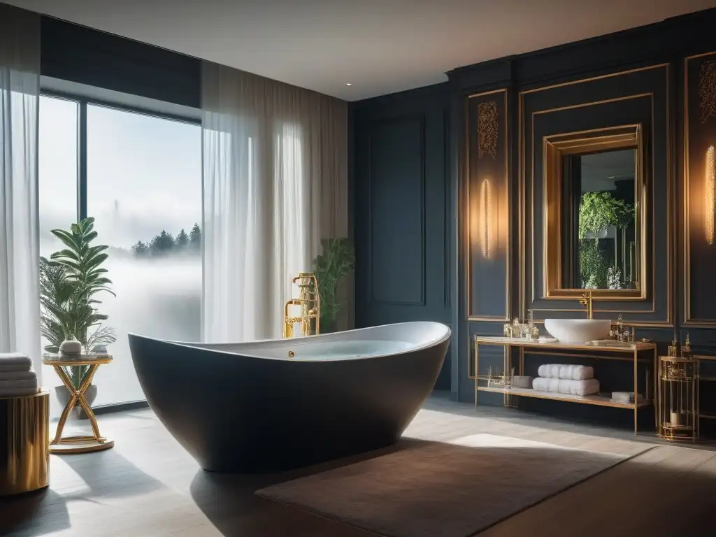 Spa de lujo con bañera de burbujas y productos exclusivos Un lujoso baño moderno con una bañera llena de burbujas rodeada de estantes dorados mostrando productos de belleza de lujo
