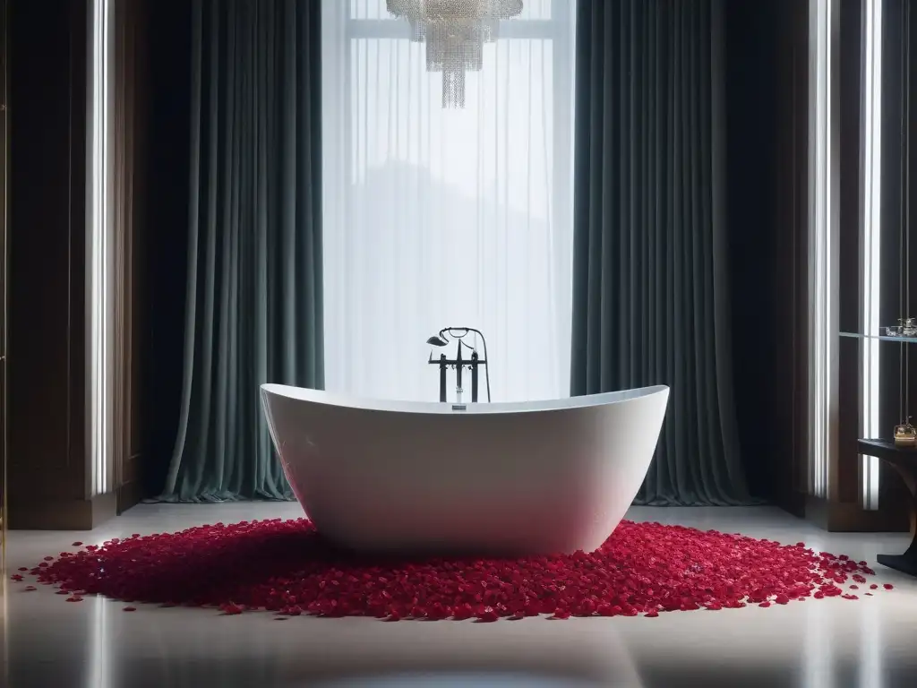Baño de lujo con bañera de rosas: ambiente sereno y elegante Un lujoso baño moderno con bañera de pie repleta de pétalos de rosa, productos de belleza de lujo y toallas mullidas