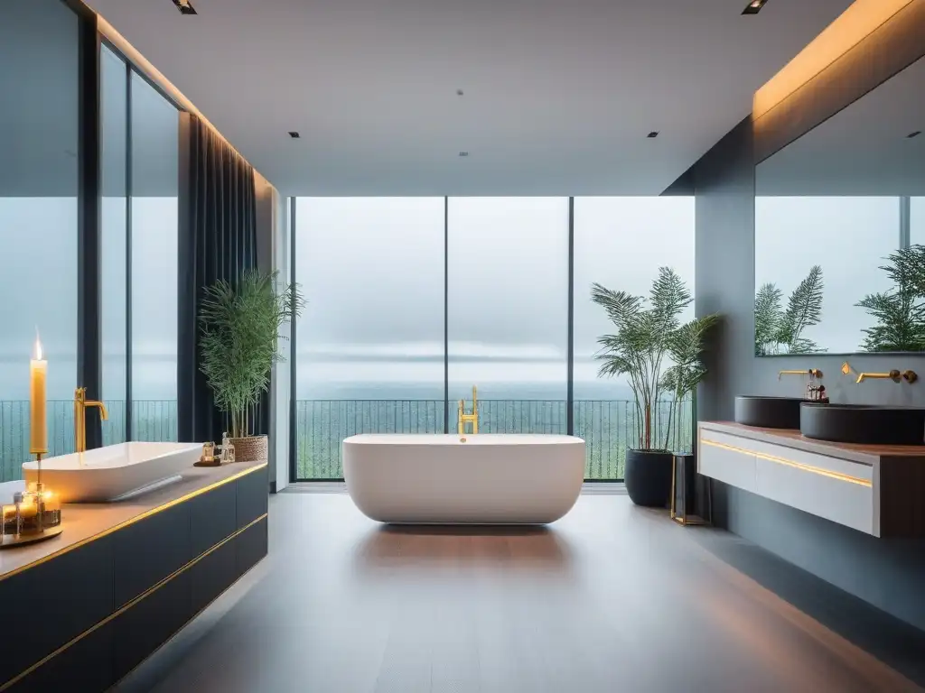Baño de lujo con inodoro inteligente y accesorios exclusivos Un lujoso baño moderno con un inodoro inteligente rodeado de accesorios de lujo, como grifería dorada, velas de diseño y toallas mullidas