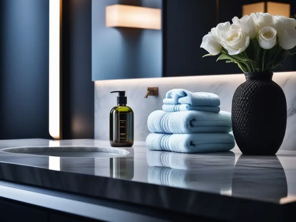 Baño de lujo con productos de belleza en mármol Un lujoso baño moderno con productos de belleza de lujo en un elegante tocador de mármol