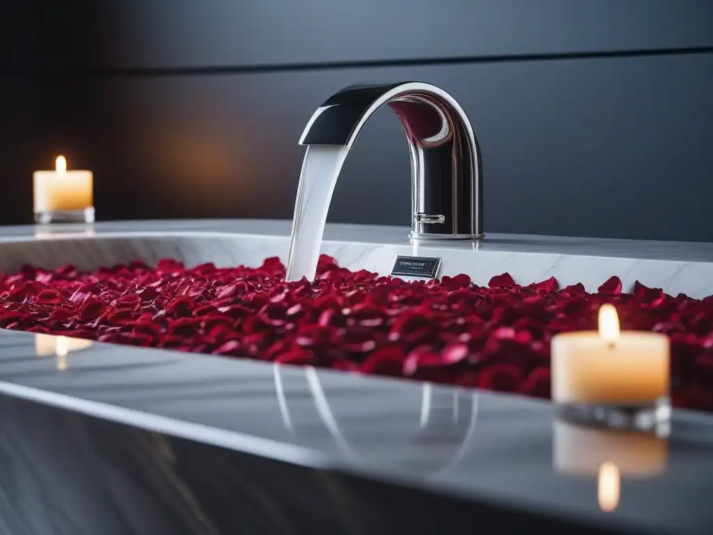 Baño de lujo con bañera de rosas y velas aromáticas Un lujoso baño con bañera, pétalos de rosa, velas aromáticas y productos de belleza de lujo