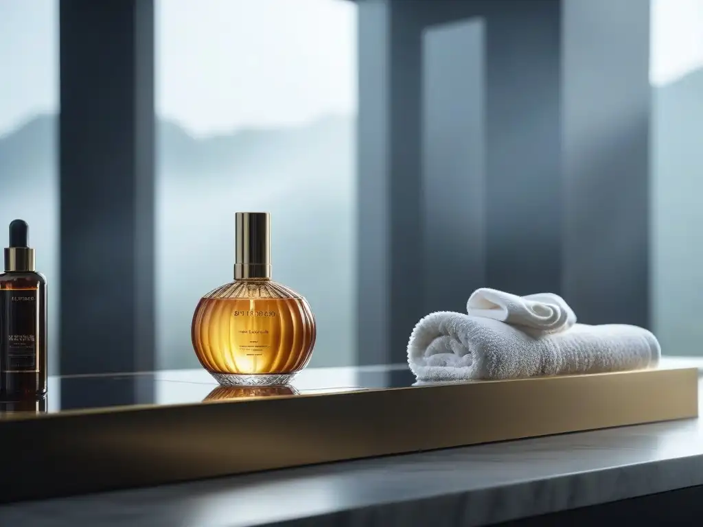 Exclusivo baño de lujo con productos de belleza premium Un lujoso baño con productos de belleza de lujo, máscaras faciales doradas y botellas de skincare con cristales, rodeado de velas y toallas de seda