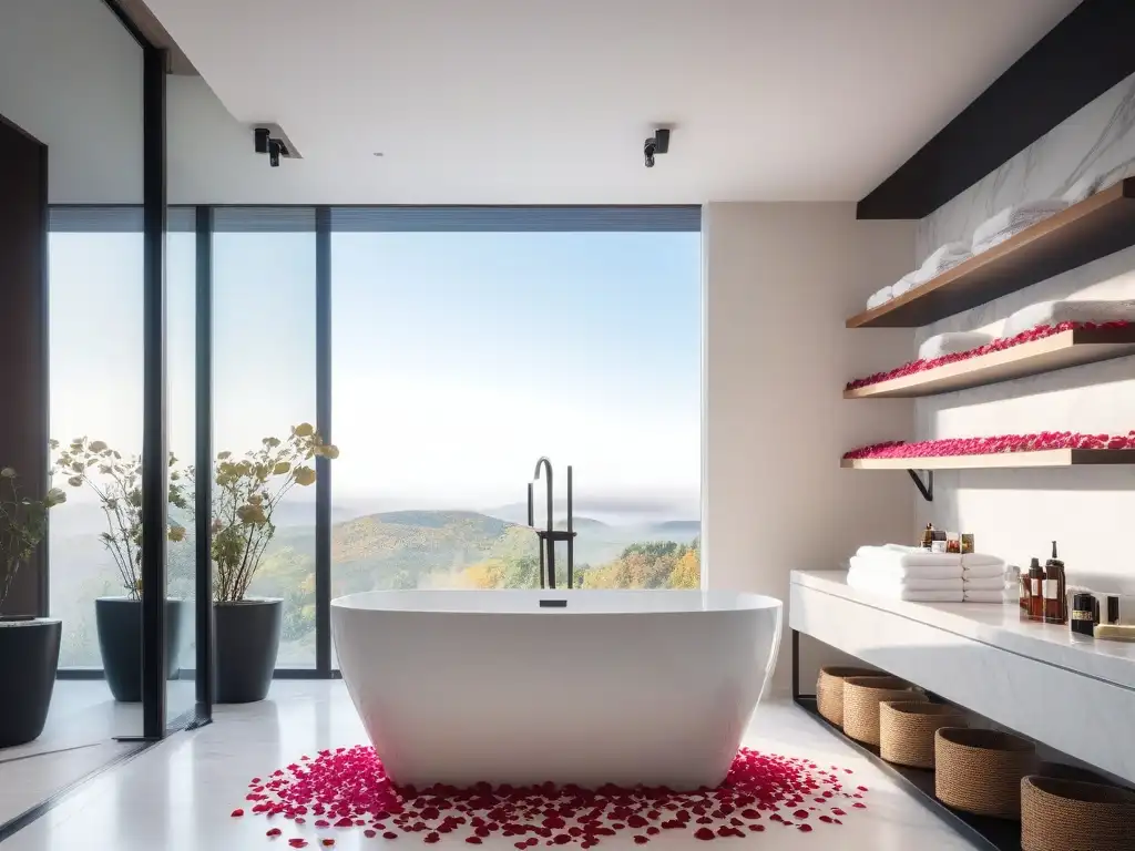 Baño spa de lujo con bañera de mármol y pétalos de rosa Un lujoso baño de spa moderno con productos de belleza de lujo y una bañera llena de pétalos de rosa