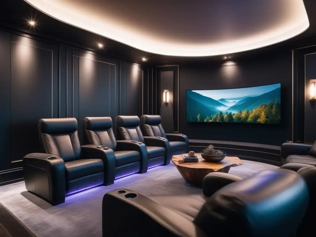 Sala de cine de lujo con pantalla curva 8K y sonido envolvente Un lujoso cine en casa moderno con soluciones audiovisuales para hogar diverso