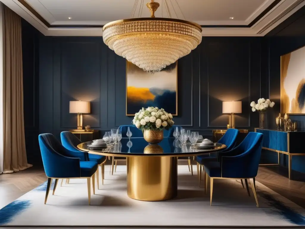 Comedor de lujo con mesa de vidrio contemporánea y sillas de terciopelo Un lujoso comedor con muebles de diseño para casa de lujo en tonos azules y dorados, iluminado con elegancia