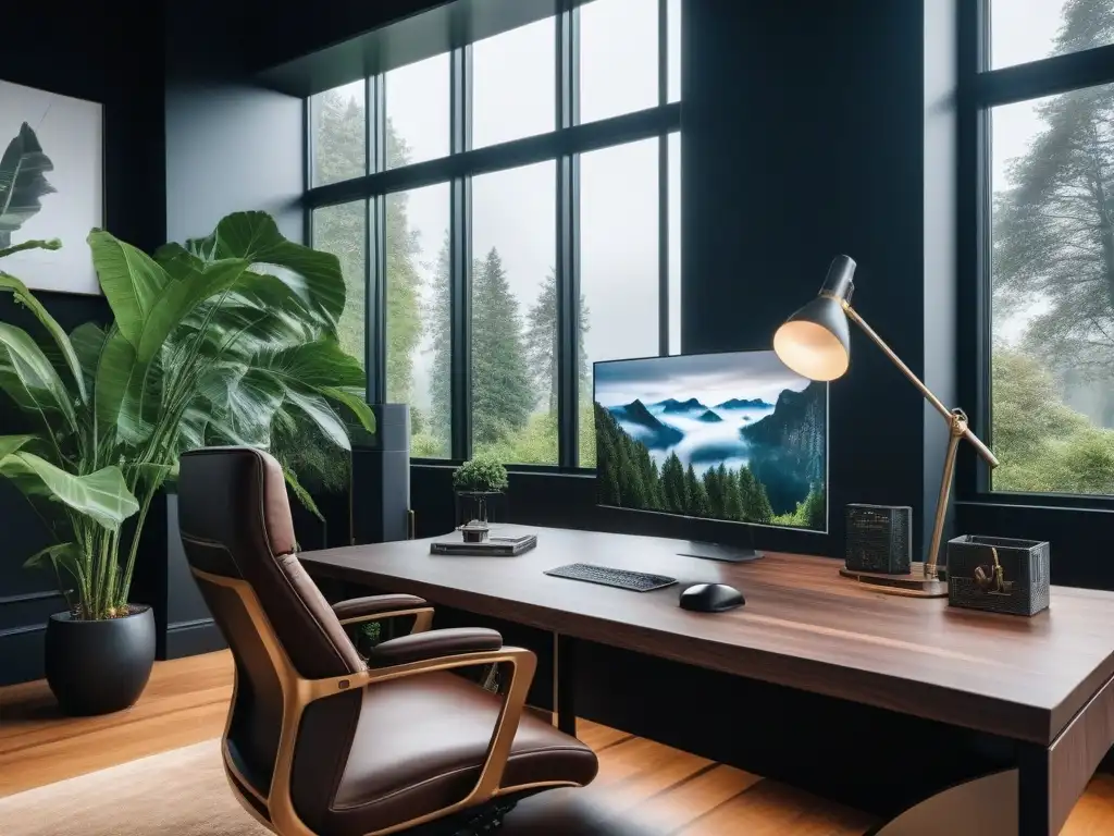 Oficina de lujo con mobiliario ergonómico y diseño sofisticado Un lujoso despacho moderno con mobiliario ergonómico de lujo enriquece el bienestar