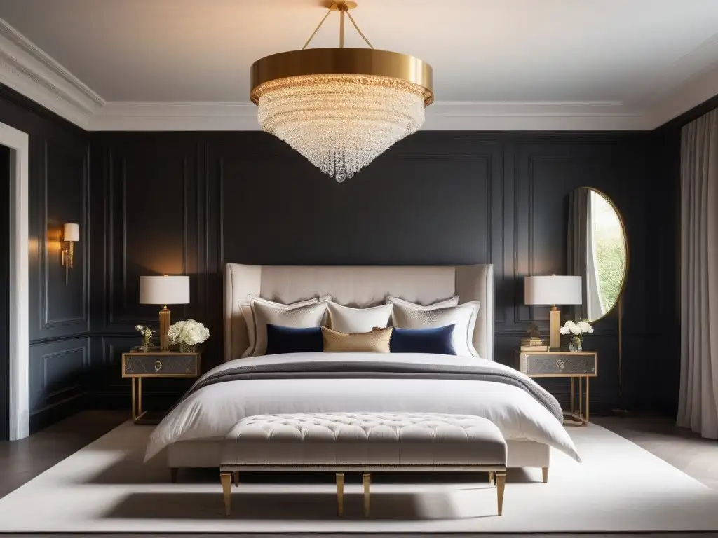 Diseño de lujo: Dormitorio moderno con muebles de alta gama Un lujoso dormitorio moderno con mobiliario de diseño de lujo, cama king, chandelier y chaise lounge