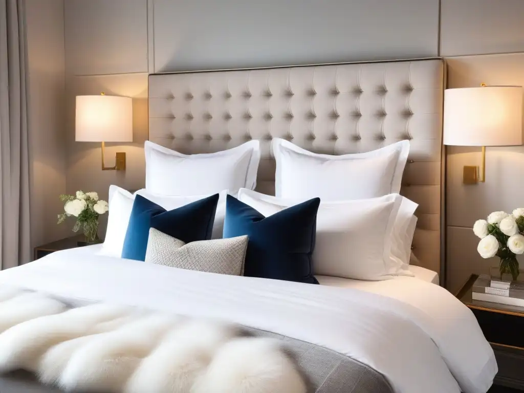 Suite de lujo con cama king-size y detalles elegantes Un lujoso dormitorio moderno con muebles de diseño para casa de lujo: cama king size elegante, ropa de cama blanca y acogedora iluminación suave