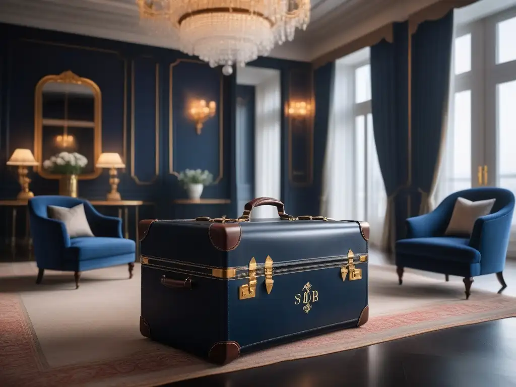 Elegante maleta de cuero azul marino con monograma dorado en lobby de lujo Un lujoso equipaje de cuero azul marino, con detalles dorados de monograma personalizado, en un elegante lobby de hotel