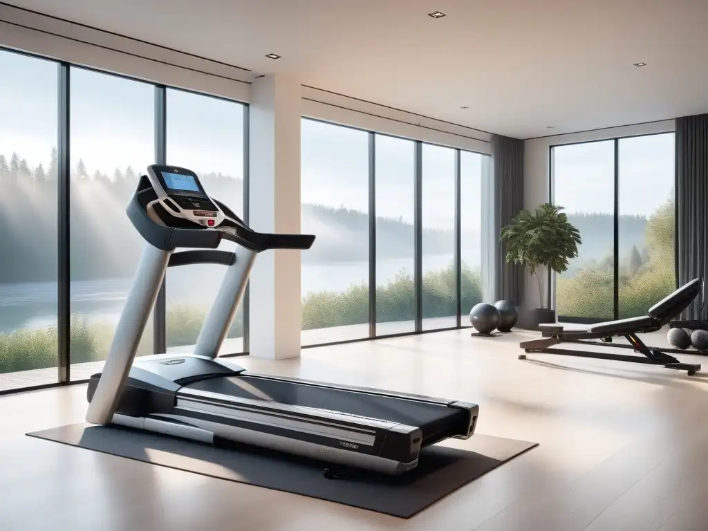 Equipo de fitness de lujo en casa con tecnología de vanguardia Un lujoso equipamiento fitness en casa con treadmill, pesas, remo y bici estática de alta tecnología, rodeado de paisaje natural