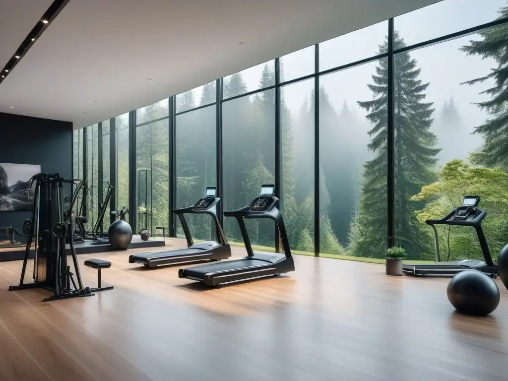 Exclusivo gimnasio en casa con vista panorámica a bosque exuberante Un lujoso equipamiento fitness hecho a medida en un gimnasio moderno con vista a un bosque