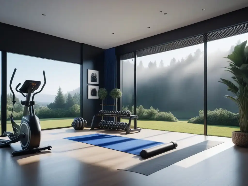 Gimnasio de lujo en casa: diseño moderno 8k Un lujoso equipamiento de fitness de lujo en un gimnasio en casa, con modernos equipos y decoración elegante