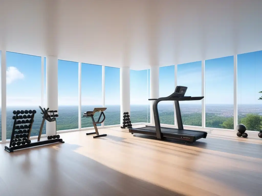 Fitness de lujo: gimnasio en casa ultradetallado con vista a la ciudad Un lujoso equipamiento de fitness de lujo en un gimnasio doméstico elegante y minimalista con vista a la ciudad