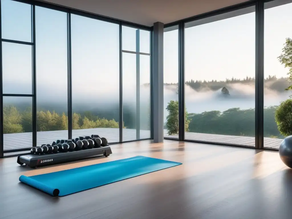 Estudio de gimnasio de lujo con equipamiento de última generación Un lujoso equipo de fitness para rehabilitación en un gimnasio moderno y espacioso con vista al aire libre serena