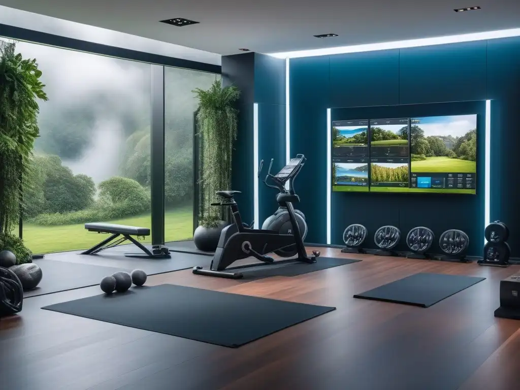 Espacio fitness de lujo con tecnología avanzada Un lujoso espacio de entrenamiento en casa con equipamiento fitness de lujo e integración doméstica, rodeado de elegantes elementos de diseño
