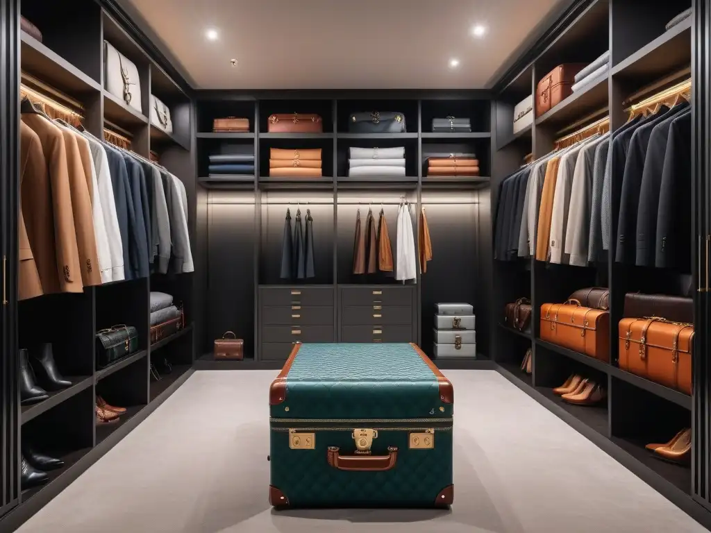 Armario de lujo: organización impecable para viajes elegantes Un lujoso y espacioso vestidor lleno de equipaje de diseñador, ropa elegante y accesorios de viaje
