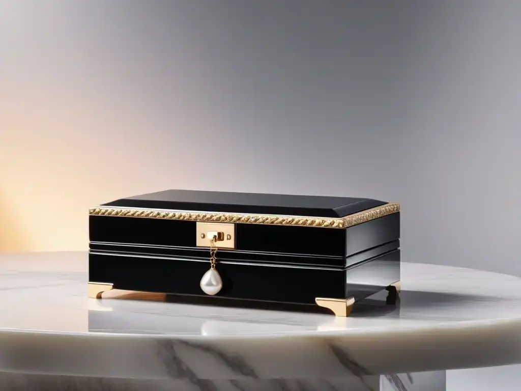 Exquisita caja de joyería de lujo con accesorios de alta gama Un lujoso estuche de joyería en negro y dorado, con accesorios de alta gama brillando bajo luz suave