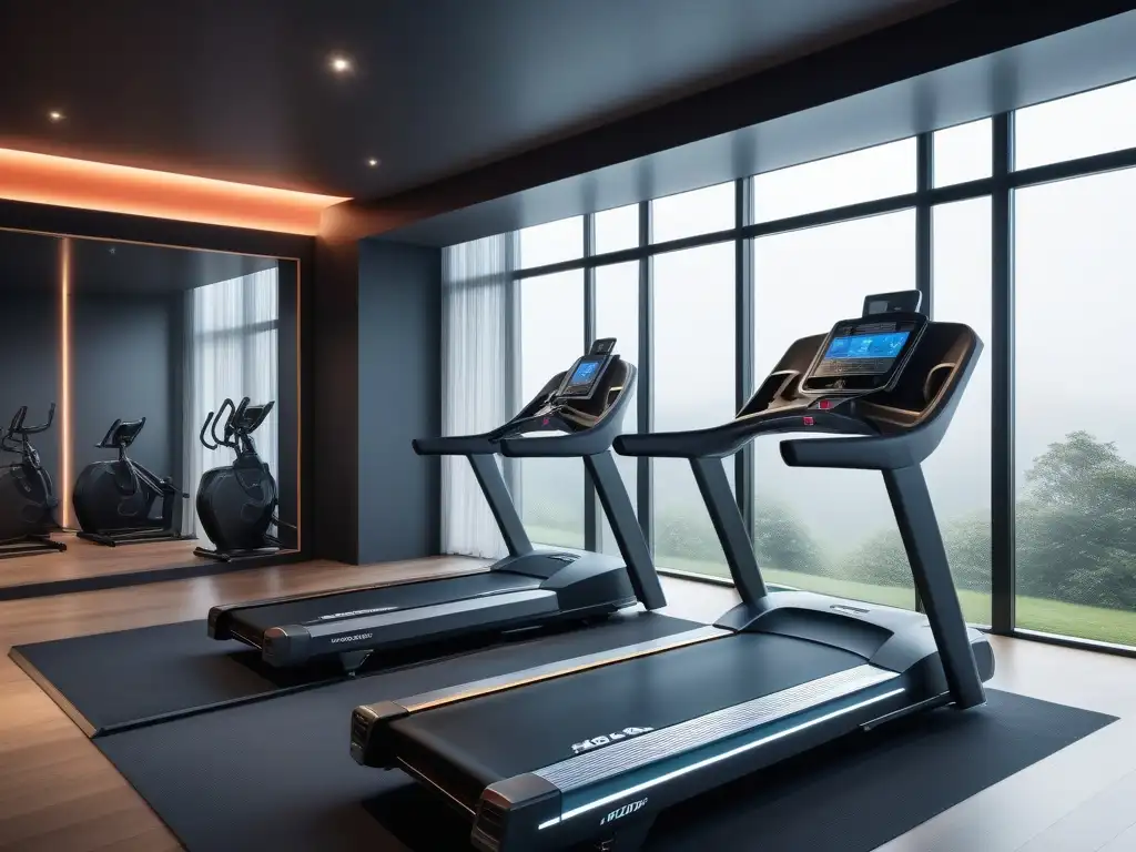Gimnasio en casa de lujo y tecnología avanzada Un lujoso y futurista equipo fitness cardio 2023 en un gimnasio casero elegante y bien iluminado
