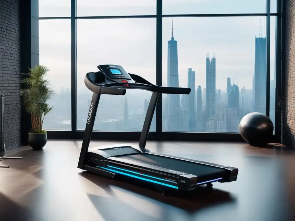Treadmill de lujo en gimnasio moderno y panorámico Un lujoso y futurista equipo fitness cardio 2023 en un gimnasio de alto nivel con vista panorámica a la ciudad