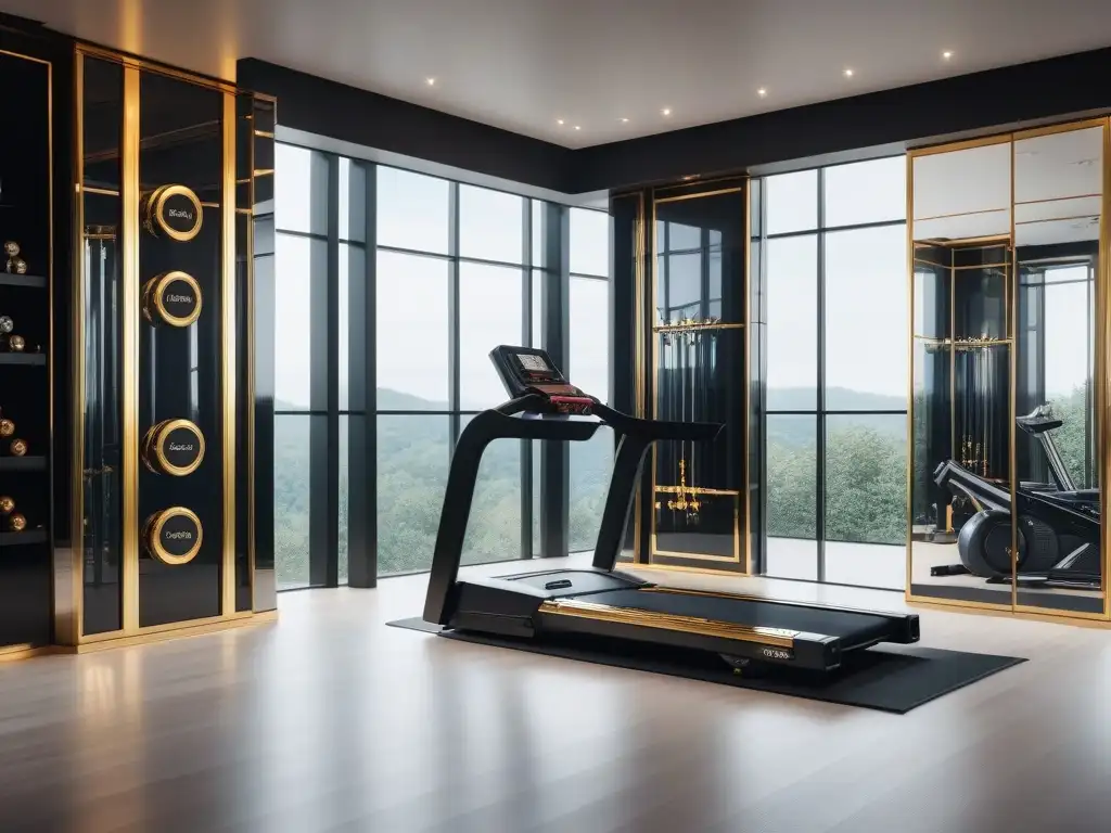 Gimnasio de lujo con equipamiento personalizado en mármol y oro Un lujoso gimnasio en casa con equipamiento fitness de lujo hecho a medida, destacando elegancia y diseño