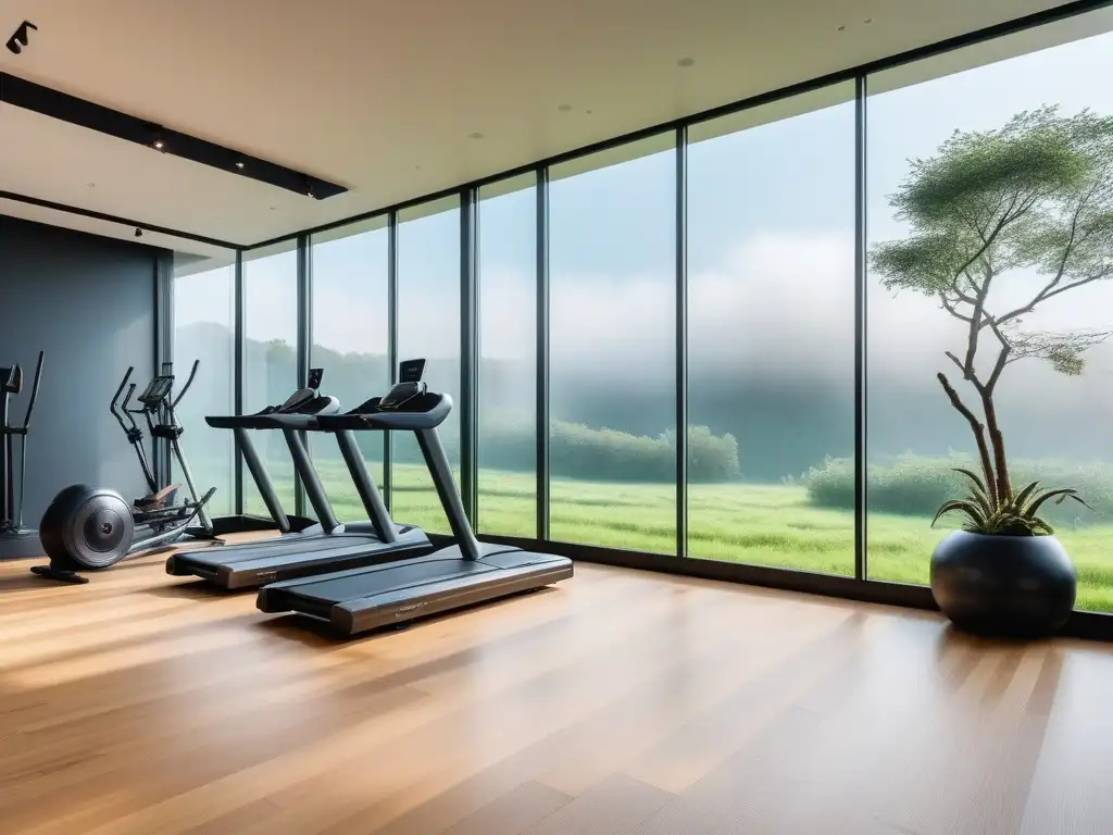 Exclusivo gimnasio eco en casa con equipo sostenible y vistas verdes Un lujoso gimnasio en casa con equipamiento fitness ecoamigable, suelo de bambú y vista exterior verde relajante