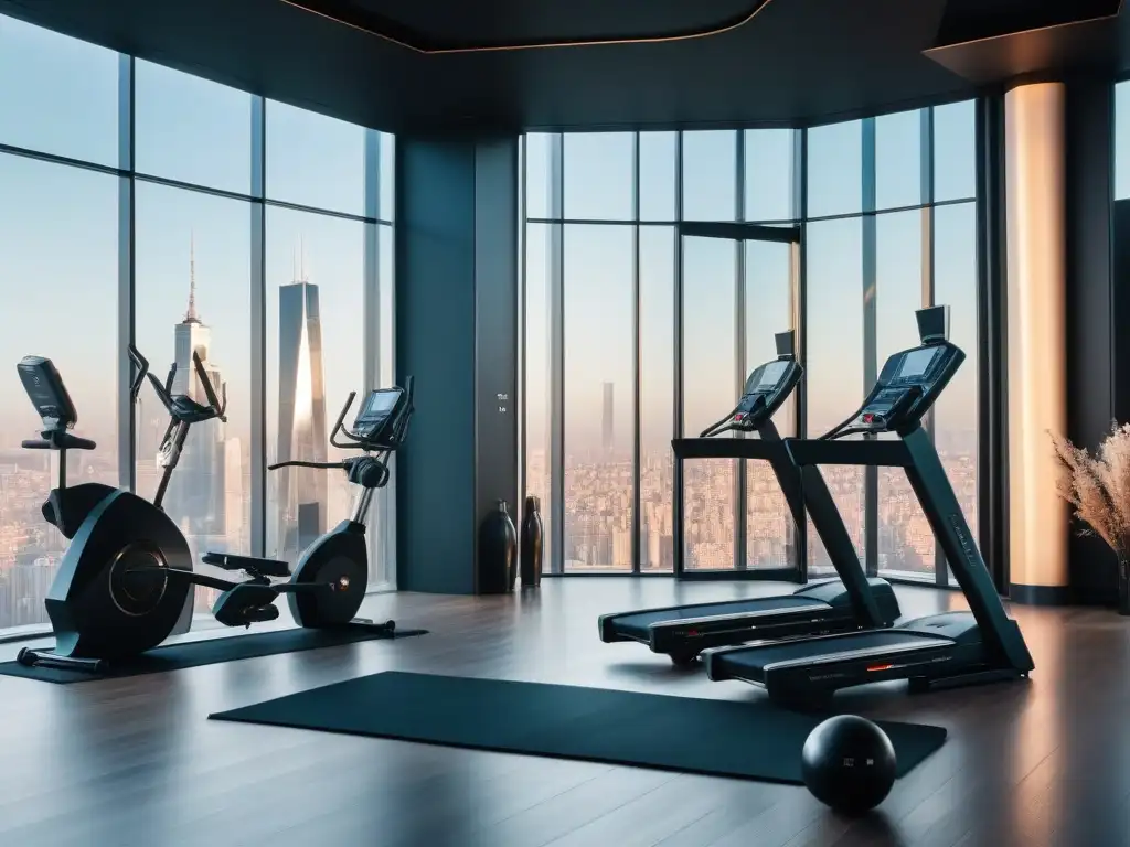 Fitness de lujo con vista panorámica al atardecer Un lujoso gimnasio en casa con equipamiento de fitness de lujo y una vista panorámica de la ciudad al atardecer