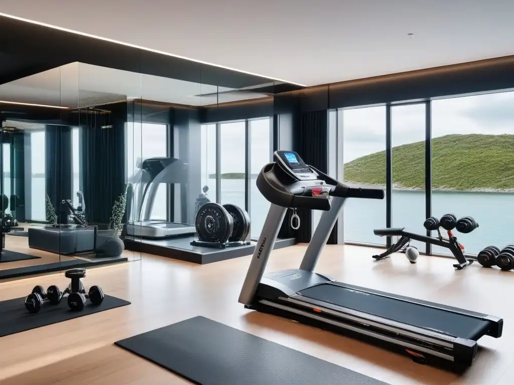 Moderno gimnasio en casa de lujo con equipamiento de alta gama Un lujoso gimnasio en casa con equipamiento de fitness de lujo en un espacio amplio y bien iluminado, motivador y organizado