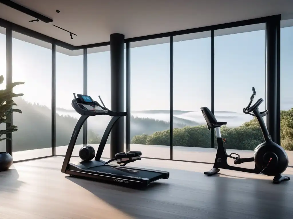 Gimnasio de lujo en casa: diseño elegante y equipamiento de alta gama Un lujoso gimnasio en casa con equipos de fitness de lujo, diseño elegante y ambiente motivador