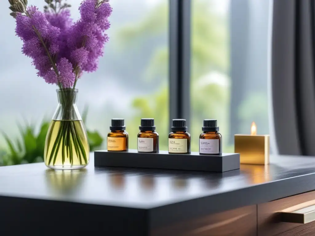 Exclusiva colección de aceites esenciales en un lujoso baño moderno Un lujoso mostrador de baño con aceites esenciales beneficios cuidado personal, rodeado de flores frescas y toallas suaves