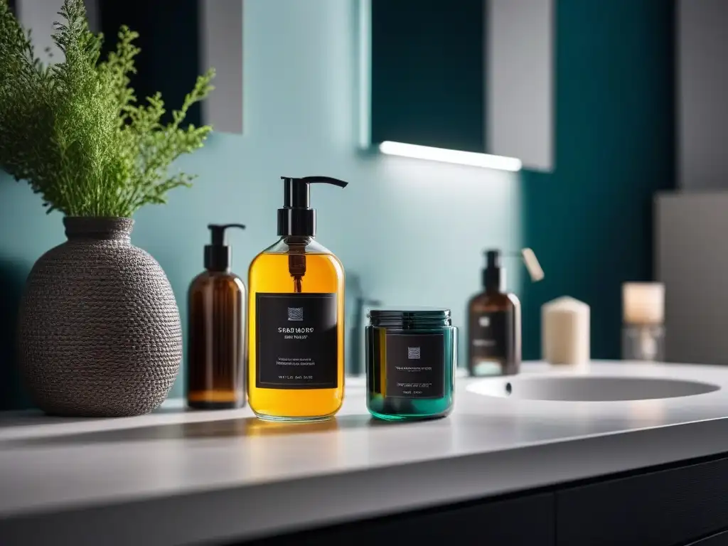 Escena lujosa de productos de exfoliación en baño elegante Un lujoso mostrador de baño con exfoliantes de lujo en elegantes envases, iluminado suavemente