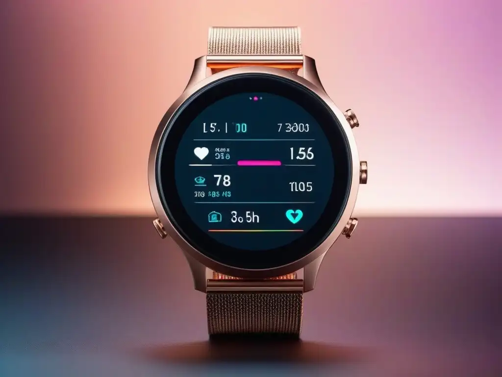 Smartwatch de lujo en acero rosa con monitor de salud y fitness Un lujoso reloj inteligente con pantalla personalizable y datos de salud, rodeado de una banda de acero inoxidable color oro rosa