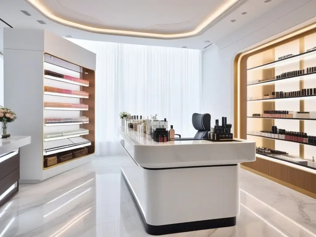 Salón de belleza de lujo: diseño moderno y sofisticado Un lujoso salón de belleza con herramientas de belleza de alta gama en un elegante diseño moderno