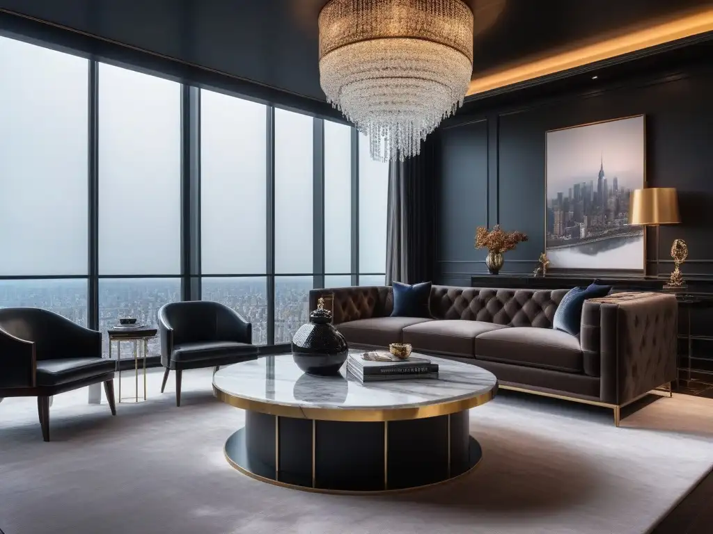 Salón de lujo con sofá de cuero y vistas urbanas nocturnas Un lujoso salón moderno con mobiliario de lujo, materiales exquisitos y una impresionante vista nocturna de la ciudad