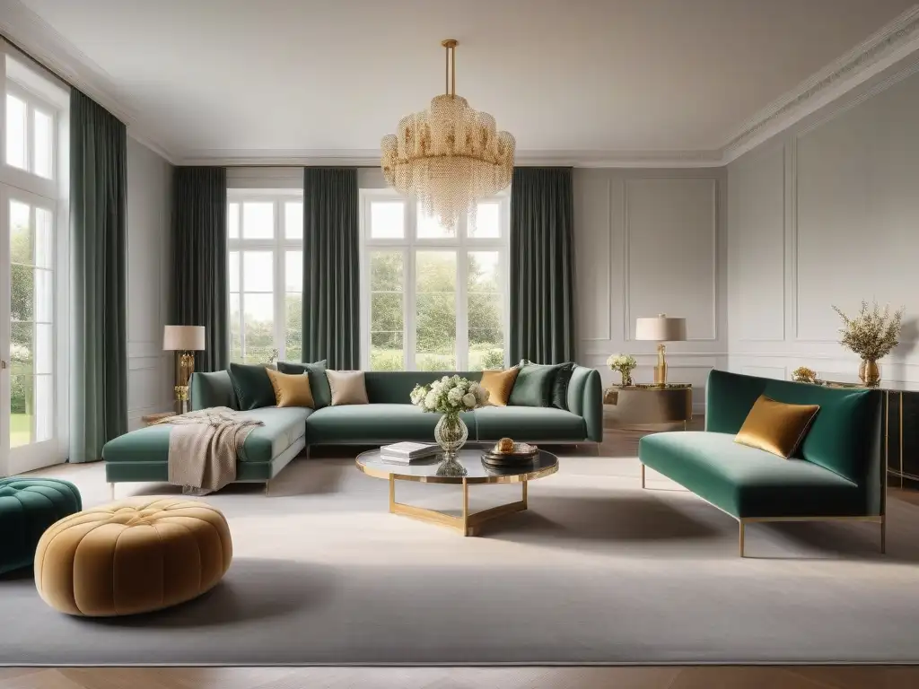 Salón de lujo moderno con muebles a medida en tonos elegantes Un lujoso salón moderno con mobiliario de diseñador personalizado, líneas elegantes y telas opulentas en una paleta de colores sofisticada