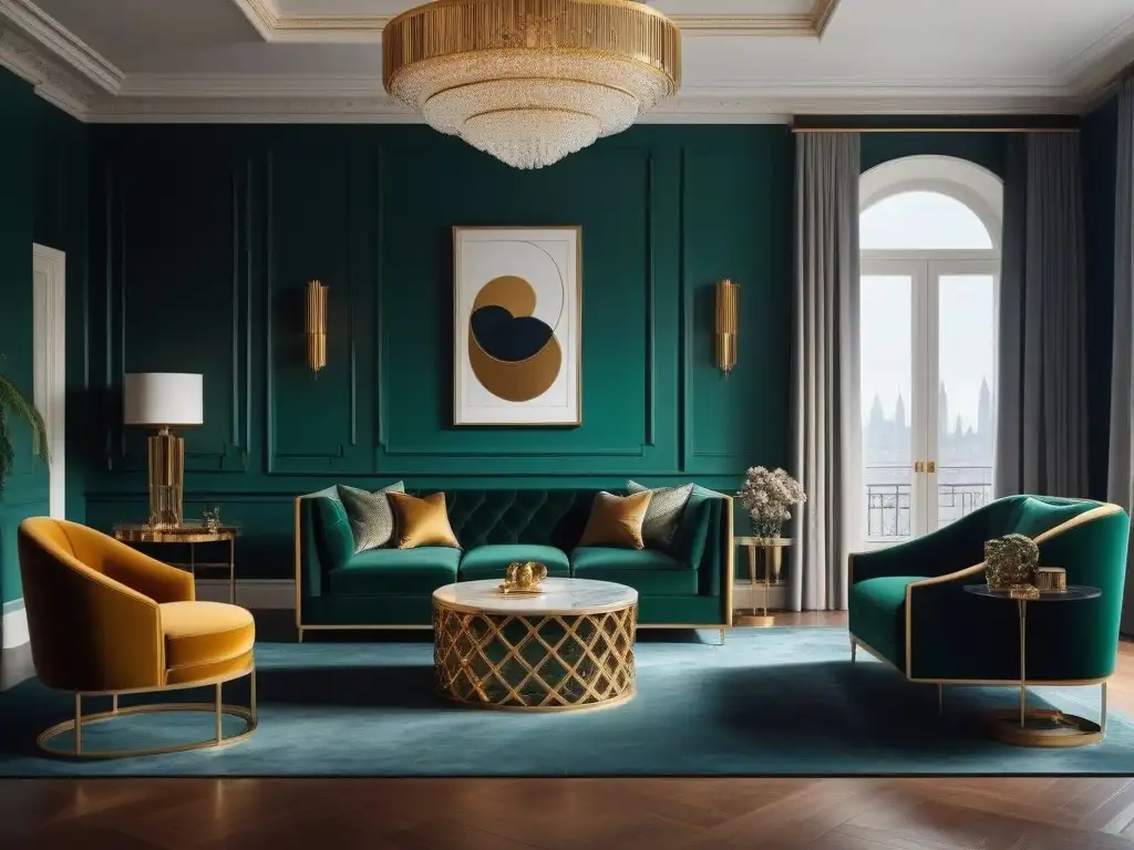 Salón de lujo Art Deco con muebles opulentos y colores vibrantes Un lujoso salón moderno con mobiliario de lujo estilo Art Deco en tonos joya y materiales opulentos