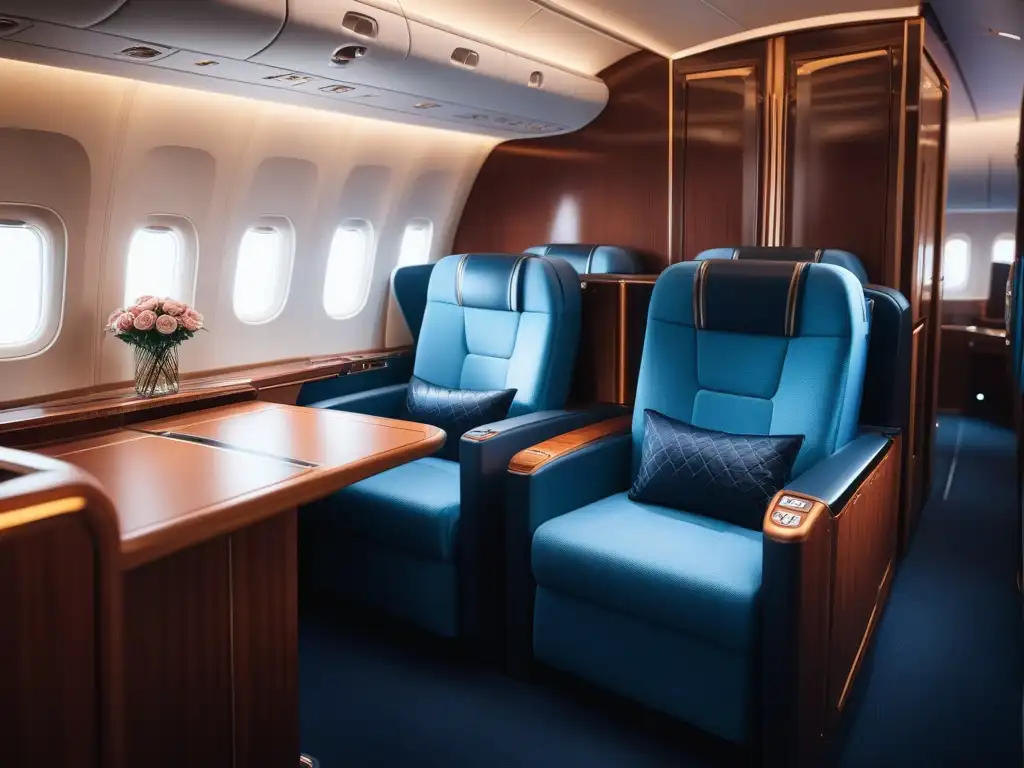 Sofisticado interior de avión de primera clase: lujo y confort exclusivo Un lujoso salón de primera clase en avión con diseño moderno, asientos de cuero, iluminación ambiental y detalles elegantes